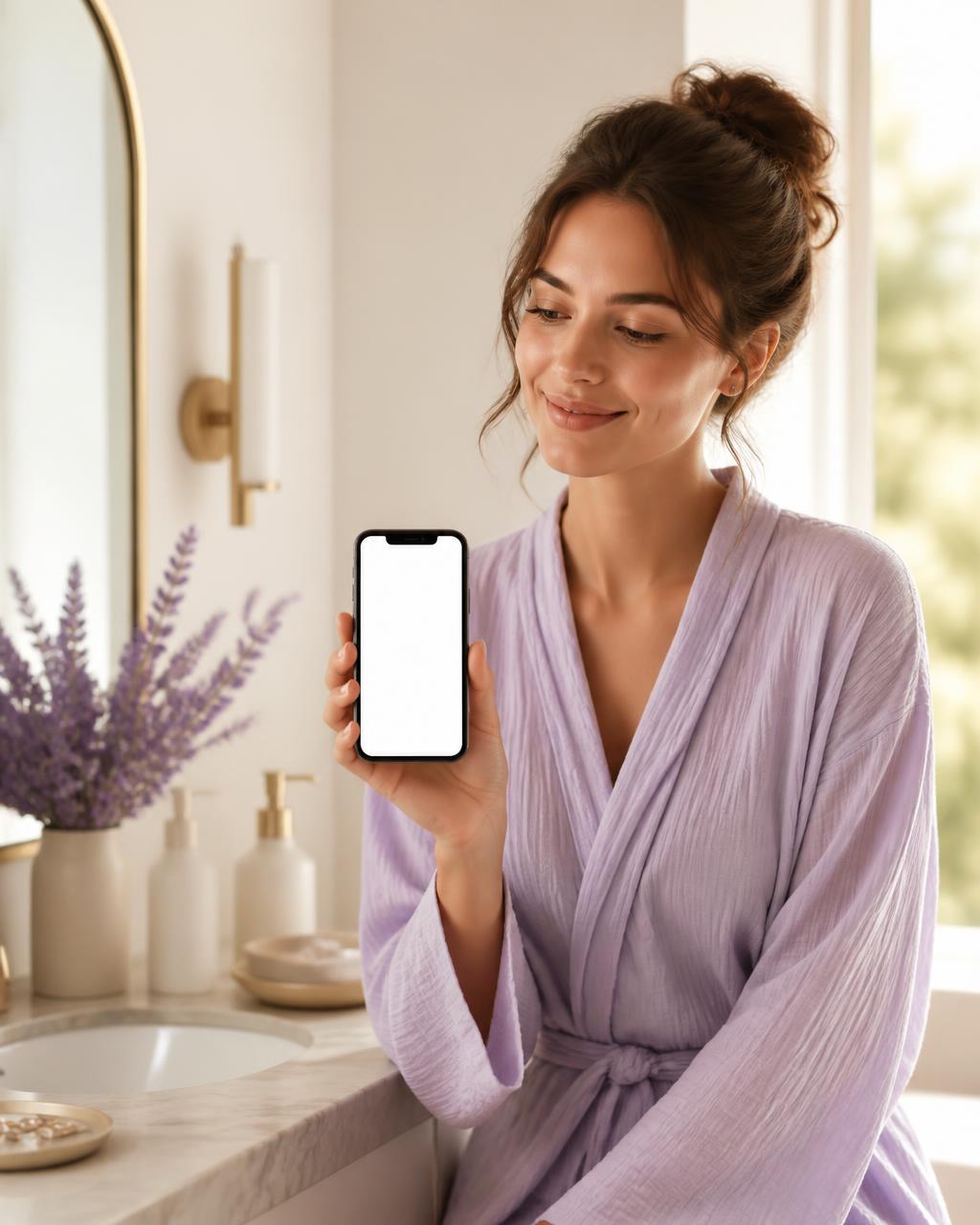 A woman at a sunlit bathroom vanity holding her phone, comparing her progress photos in Journae